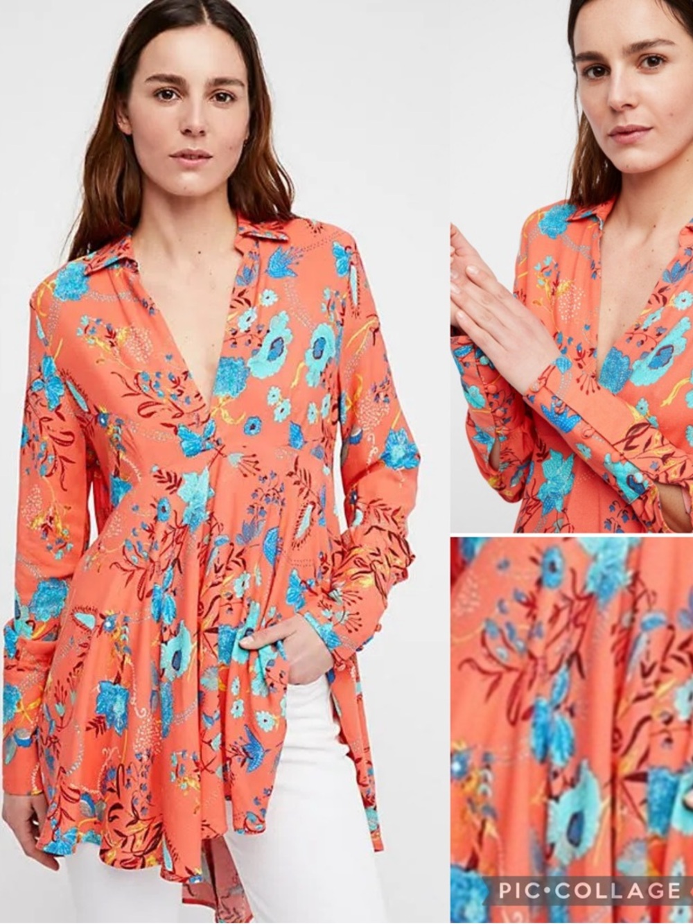 Free People Coral Floral Collared Pullover Tunic Blouse Dress